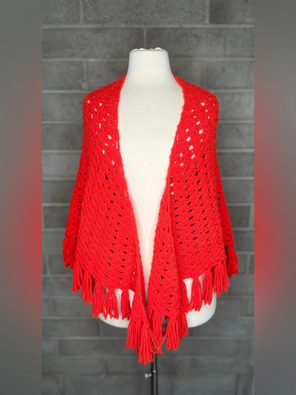 Handmade Red Crochet Triangle Shawl Wrap Fringe Boho Festival Vintage